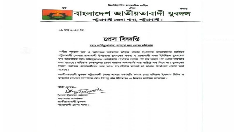 রাঙ্গাবালীতে যুবদল নেতা বহিষ্কার