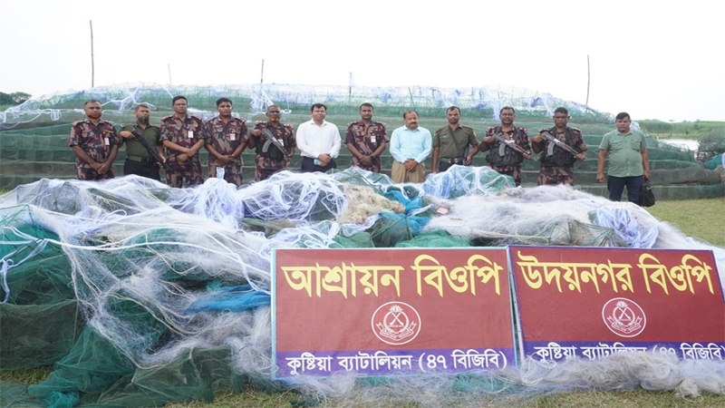 দৌলতপুরে বিজিবির অভিযানে বিপুল পরিমাণ চায়না জাল উদ্ধার