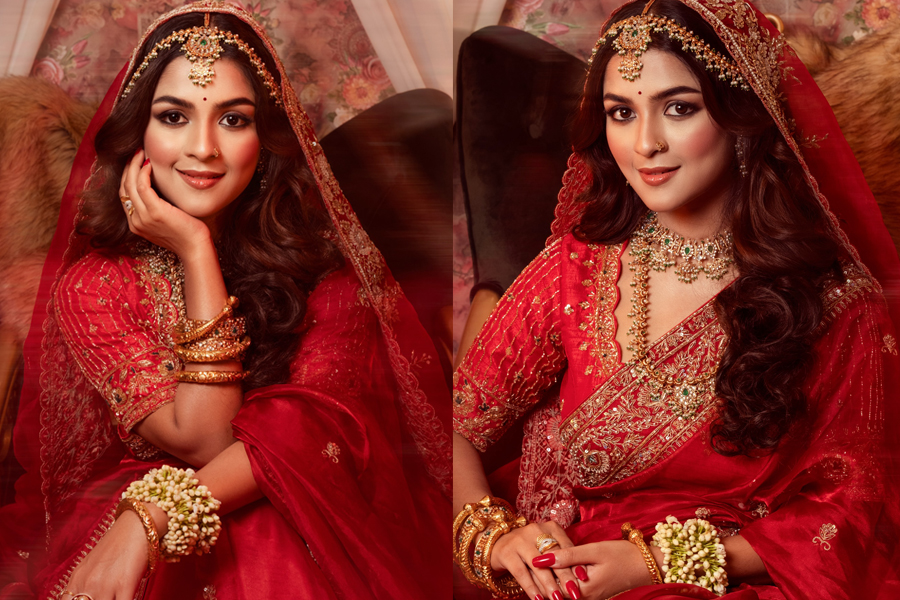 লাল শাড়িতে রাজকীয় বধূরূপে সাদিয়া আয়মান