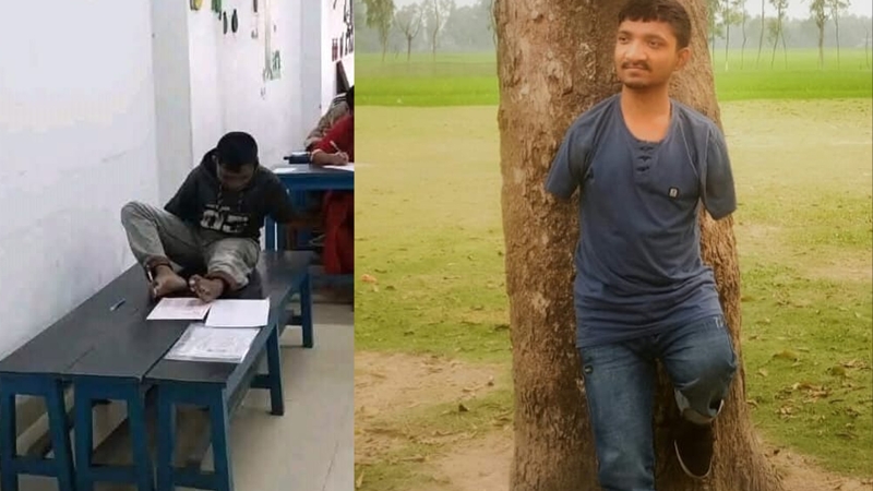 পা দিয়ে লিখে মেধা তালিকায় এগিয়ে মানিক রহমান