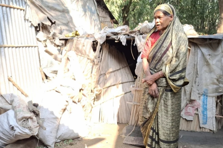 পলিথিনের ঘরে মানবেতর জীবনযাপন করছেন জাহানারা বেগম